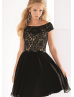 Portrait Neckline Black Lace Chiffon V Back Short Bridesmaid Dress